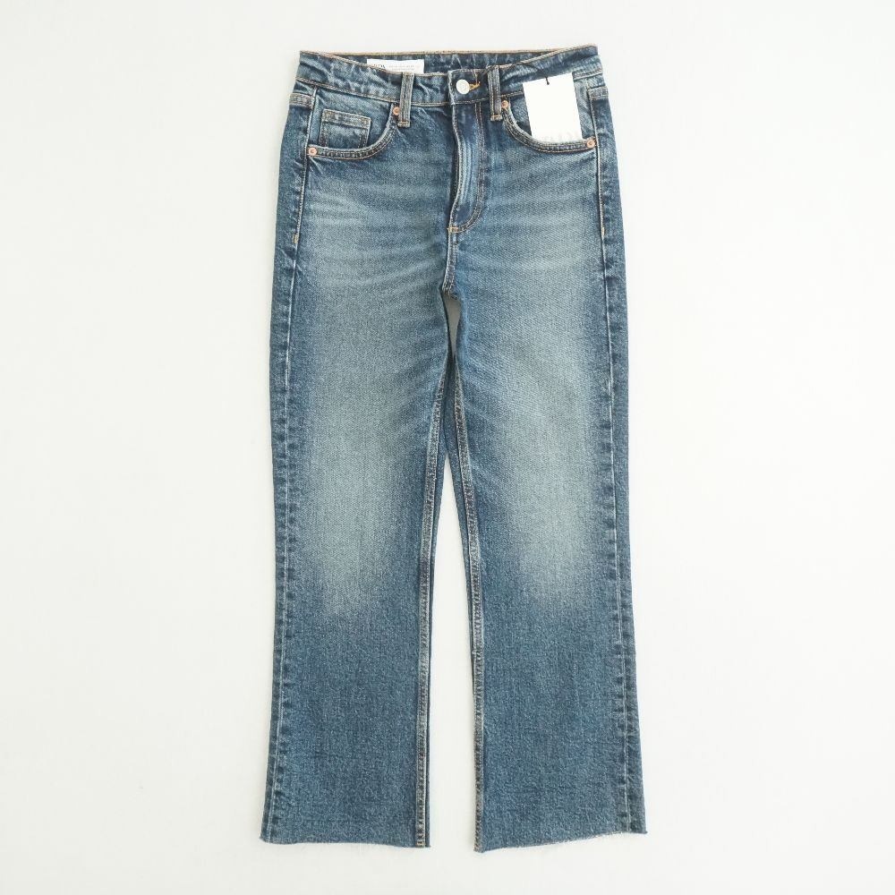 Zara Woman Denim Jeans Size US 2 High Rise Wide Straight Leg Distressed Hem